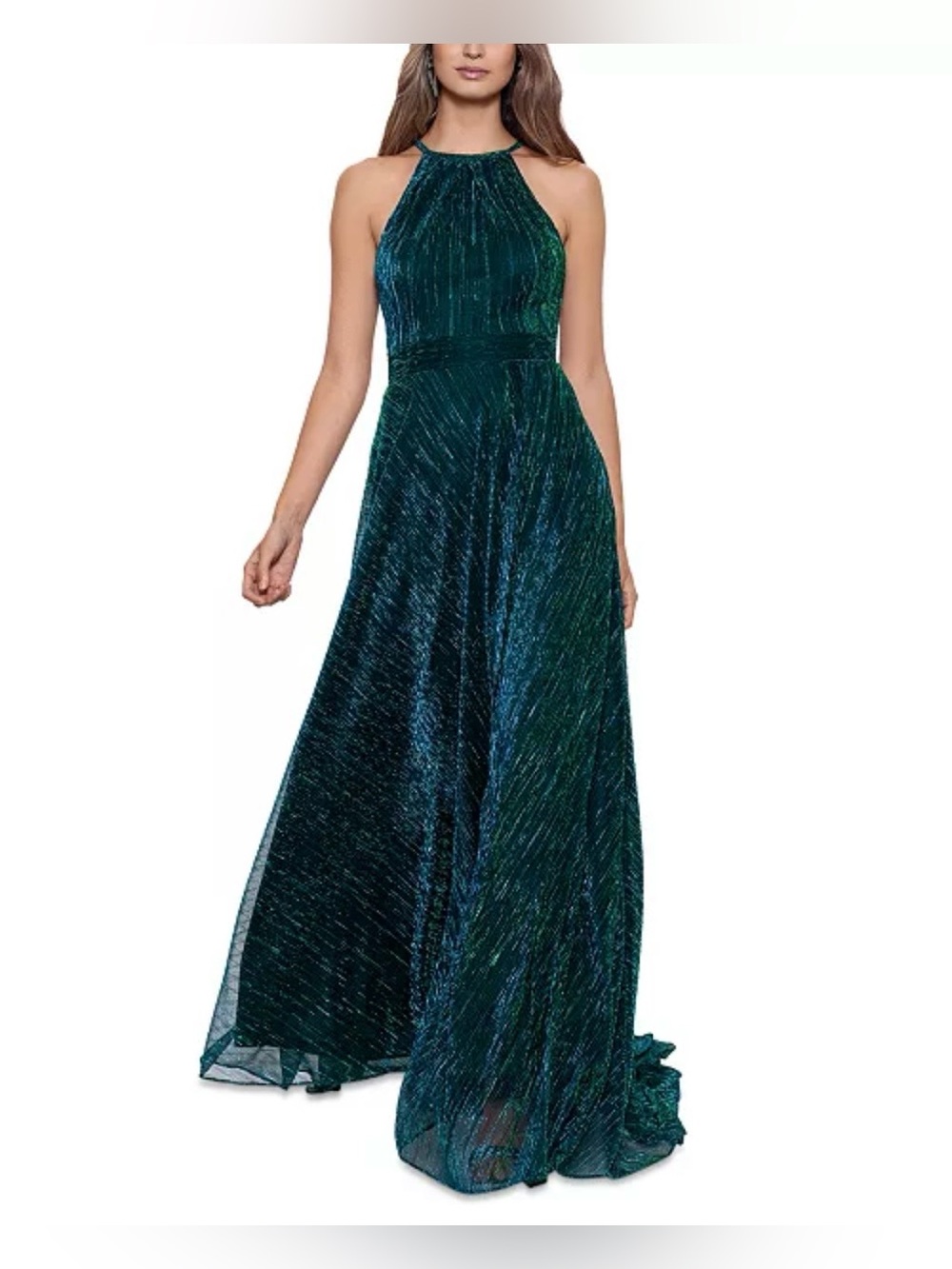 Betsy & Adam Teal and Emerald Metallis Halter Maxi Gown